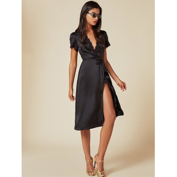 Reformation Black Silk Wrap Dress with Lace Trim - Picture 2 of 5